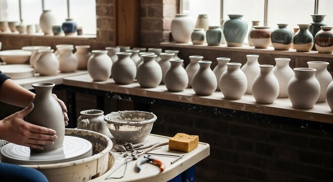 Artisan Potter, Female, Crafting Clay Vessels in a Bright Studio Surrounded by Handcrafted Pottery on Display, Emphasizing Traditional Techniques - Powered by Adobe