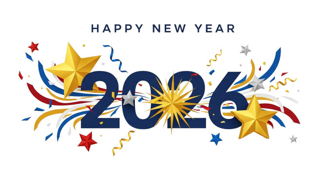 Happy new year 2026 text with stars and confetti - Powered by Adobe