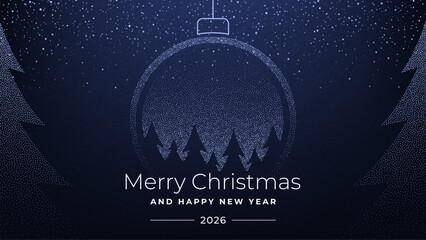 Dotted light Christmas tree inside bauble with Merry Christmas and Happy New Year 2026 text. Holiday season greeting design.