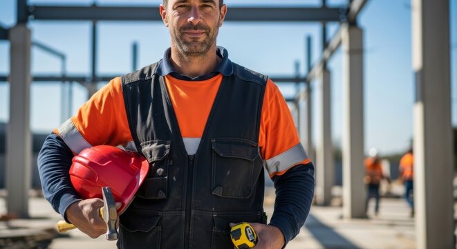 Confident male construction worker in high-visibility gear, holding a hard hat and tools, standing proudly on an active building site, showcasing dedication to industry and safety