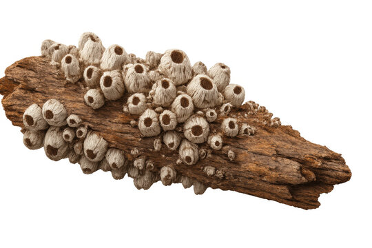 Barnacles encrusting a piece of weathered driftwood, marine life thriving on ocean debris, transparent background