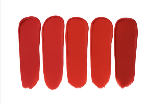 Vibrant red lipstick liquid swatches showcasing various cosmetic tones and textures on transparent background