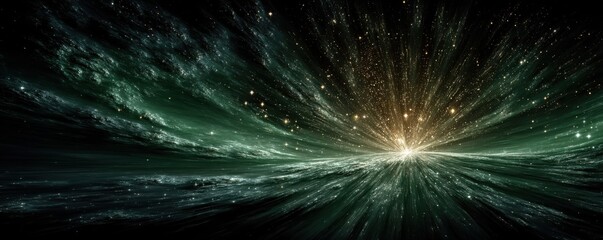 Green light spreads from the center, creating a radiant cosmic burst with stars