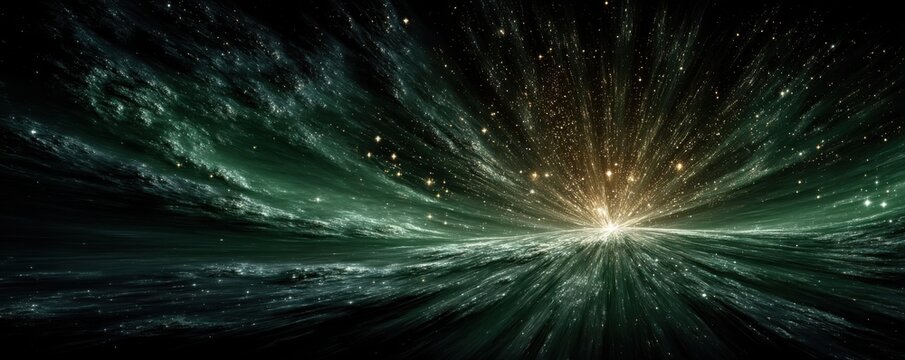 Green light spreads from the center, creating a radiant cosmic burst with stars