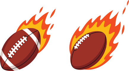 Flaming American footballs vector illustration set, burning sports ball graphic, dynamic speed fire symbol icon, championship logo design