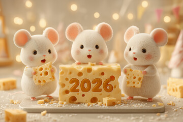 AI-generated three cute mice holding cheese block with 2026 inscription
