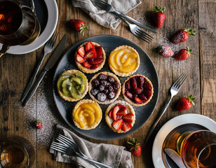 Rustic Fruit Tart Assortment with Fresh Strawberries and Tea – Overhead Food Photography
