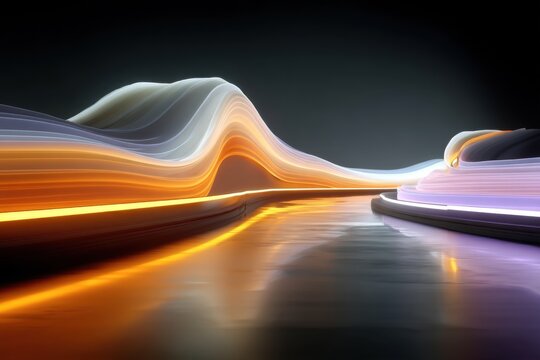 Vibrant neon light waves create a futuristic abstract landscape with flowing ribbons of color