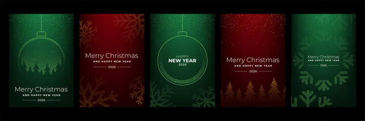 Set of five christmas and new year vector greeting card designs for holiday season celebration, web banner, and social media post