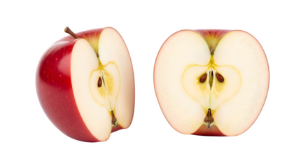 Two halves of a ripe red apple showing seeds and core isolated on transparent background