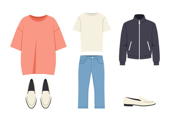 Fototapeta premium Outfit with Peach Sweater White Tee Jeans Jacket and Loafers.