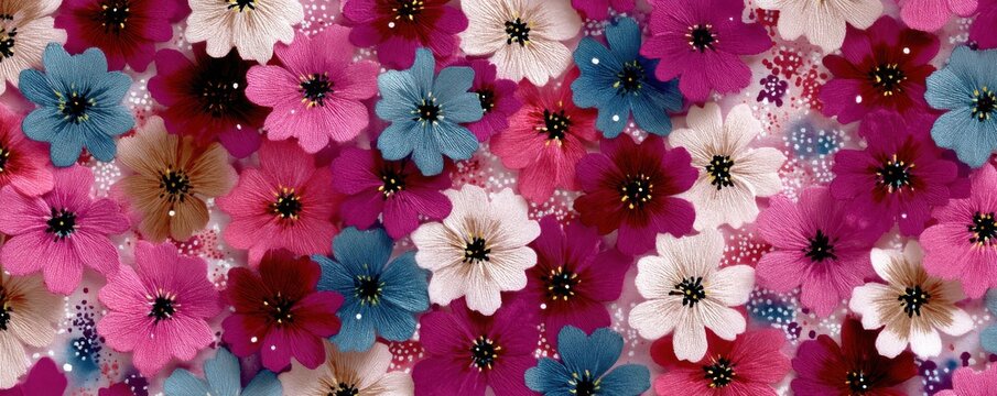 Colorful array of small pink blue and beige flowers on white background for floral pattern design