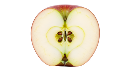 Fresh red apple cut in half revealing seeds and core isolated on transparent background