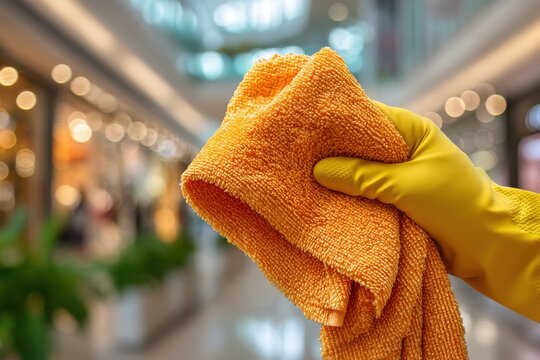 Cleaning in a bright mall: worker wearing yellow glove holding an orange cloth for cleaning and maintenance