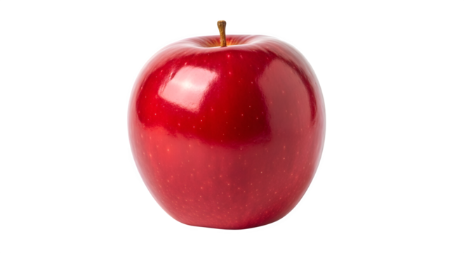 A single ripe shiny red apple with a stem isolated on transparent background