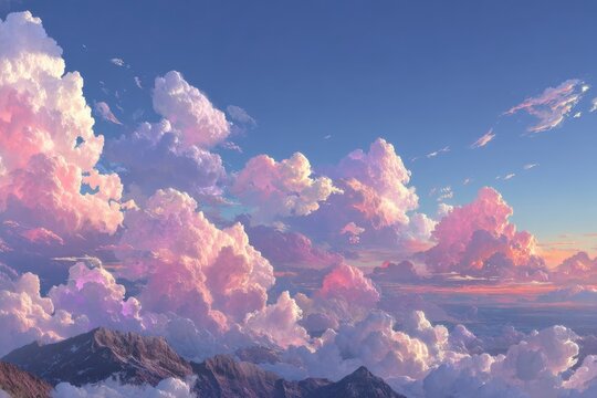 Dreamy pink and blue sky with towering clouds over snowy mountain peaks at sunset