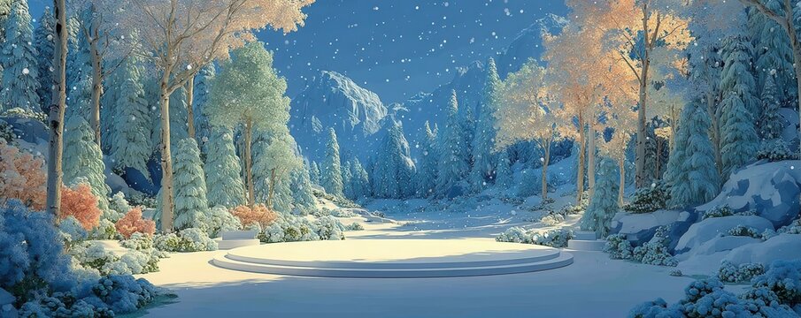 Fototapeta Winter podium in the snow surrounded by trees and mountains under a starry night