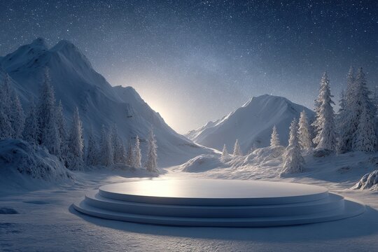 Winter alpine scene with snow-covered trees and a circular stage bathed in moonlit glow