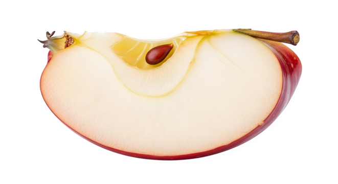 A single slice of a red apple showing its core with seeds and stem isolated on transparent background