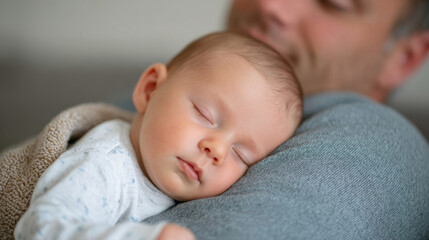 Peaceful baby boy sleeping on fathers chest in cozy home setting for family bonding and relaxation