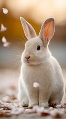 Obraz premium Adorable bunny amongst falling flower petals captured in gentle breeze