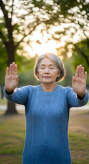 A serene senior Asian woman stands outdoors at dusk with her hands raised performing a calming meditative practice amidst the soft, golden light filtering through the trees in a peaceful, park