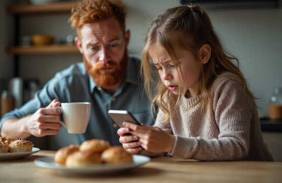 A worried dad and his daughter at kitchen table with smartphone. Girl shows content on device. Father confused looks at device in confusion and drinks coffee. Fresh buns on plate nearby.