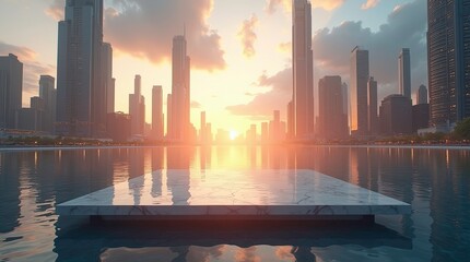 Cityscape at sunset with tall modern skyscrapers reflecting in calm water and a large minimalist floating marble platform centered in the frame, glowing warm orange and blue tones in the sky.