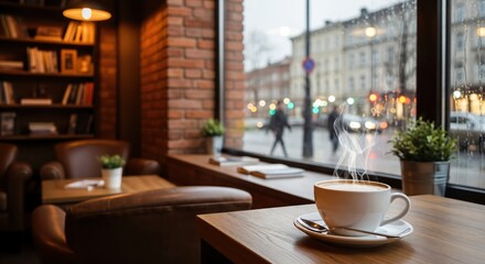 Fototapeta premium Cozy Coffee Shop Interior Featuring Warm Lighting and a Steaming Cup of Coffee with a View of Rainy Streets Outside