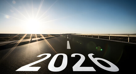 Depicting the year ahead on a sunlit highway, the image captures the spirit of anticipation and forward motion, symbolizing fresh starts, promising opportunities, and the excitement of venturing