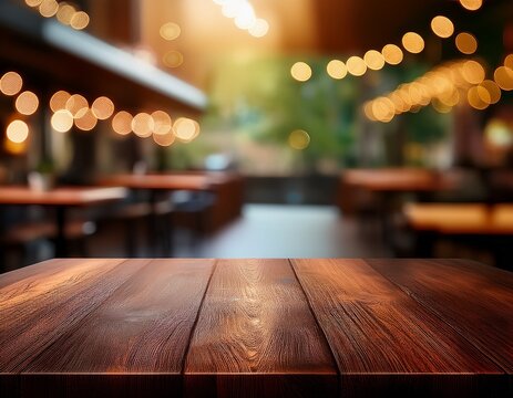 empty dark wood table in the cafe with a blurred background