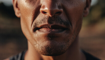Obraz premium Close-up of a man's face showing sweat and stubble outdoors.