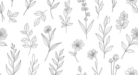 Botanical line art seamless pattern vector design with flowers and leaves for background or wallpaper