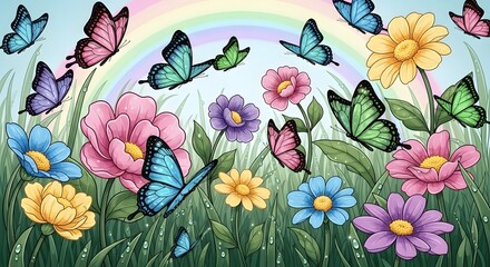 Colorful butterflies and flowers illustration with rainbow background digital art design