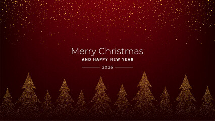 Merry Christmas and Happy New Year 2026 greeting card with golden glitter dots forming trees on a dark red background for holiday celebration.