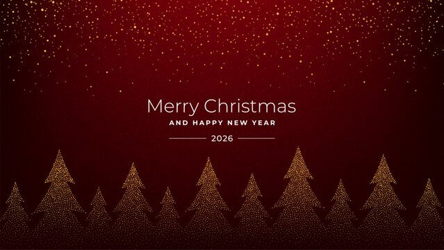 Merry Christmas and Happy New Year 2026 greeting card with golden glitter dots forming trees on a dark red background for holiday celebration.