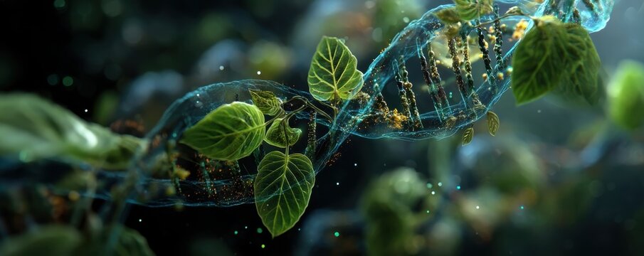 A DNA helix with green leaves intertwined, symbolizing biotech growth and nature-inspired science - Powered by Adobe