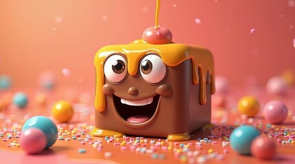 Playful brown chocolate candy with happy face surrounded by colorful sprinkles against pink background