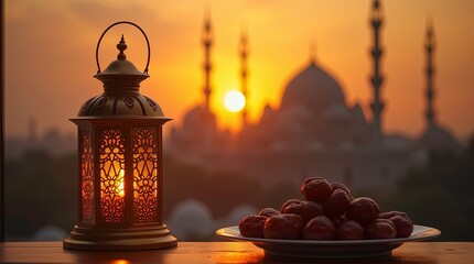 Traditional lantern with glowing light, a white plate of fresh brown dates, mosque silhouette in the background, Ramadan Mubarak.