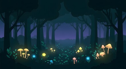 Enchanted forest background vector illustration with glowing mushrooms and magical flora scene design