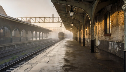 Train station platform with train in misty weather.