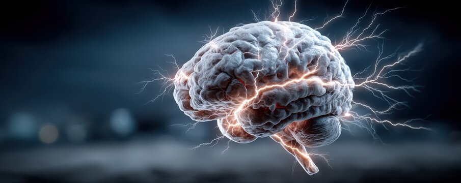 Electric brain: dramatic illustration of neural activity with lightning surrounding the brain and cortex