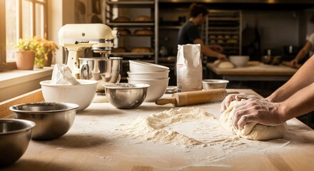 A cozy baking setup featuring a young adult female preparing dough in a bright kitchen with various bowls and a stand mixer, highlighting the art of homemade pastry crafting.