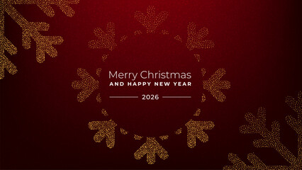 Merry Christmas and Happy New Year 2026 greeting card with golden snowflake decor on dark red background for festive celebration.
