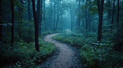 Fototapeta premium Curving path cuts through a dense, misty forest under a diffused, bluish light