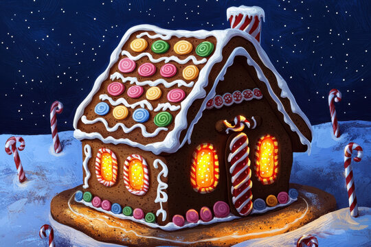 Christmas gingerbread house with colorful candy decoration glowing windows and snowy night background create festive joyful atmosphere