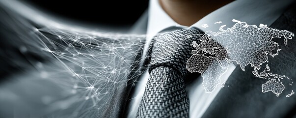 Businessman in a suit with a digital world map network overlay in the background