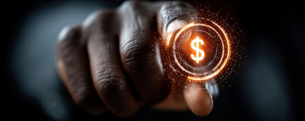 Businessman touches a glowing virtual screen with a dollar icon amid orange rings