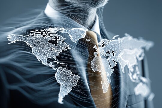 Businessman in a suit stands with a digital world map, illustrating global connectivity and innovation - Powered by Adobe