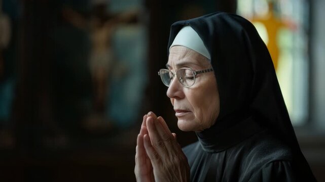 Silent prayer in a serene church setting by devoted nun during morning worship time
